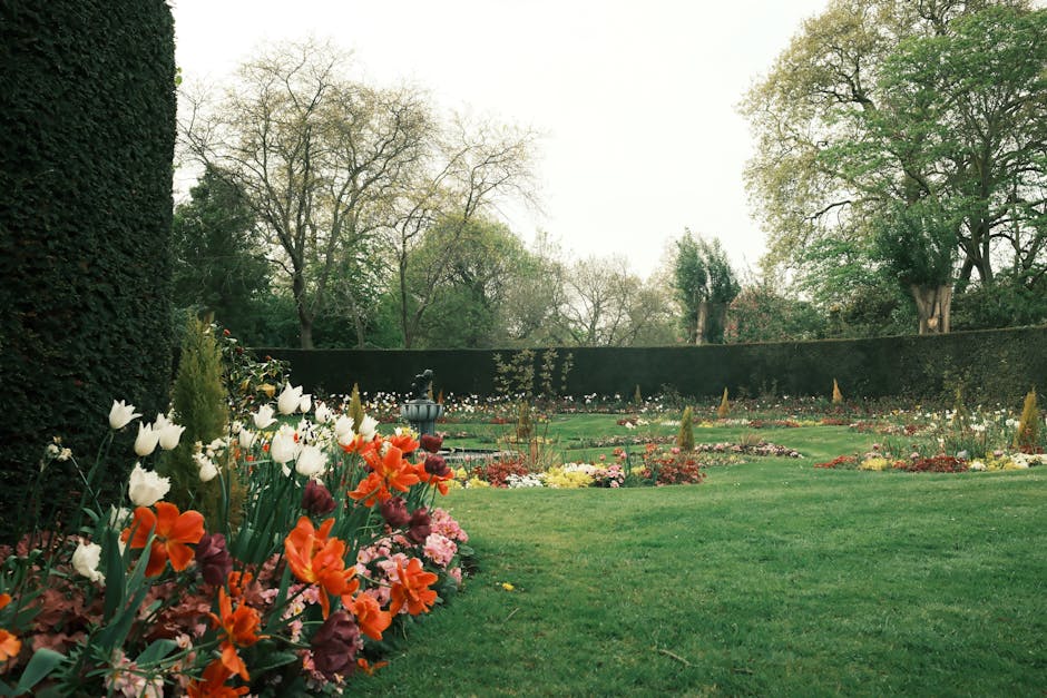 A well-maintained heritage garden adjacent to Dulwich Picture Gallery featuring vibrant flower beds with tulips, pansies, and other seasonal blooms along a neatly trimmed lawn. To the left, dense, dar